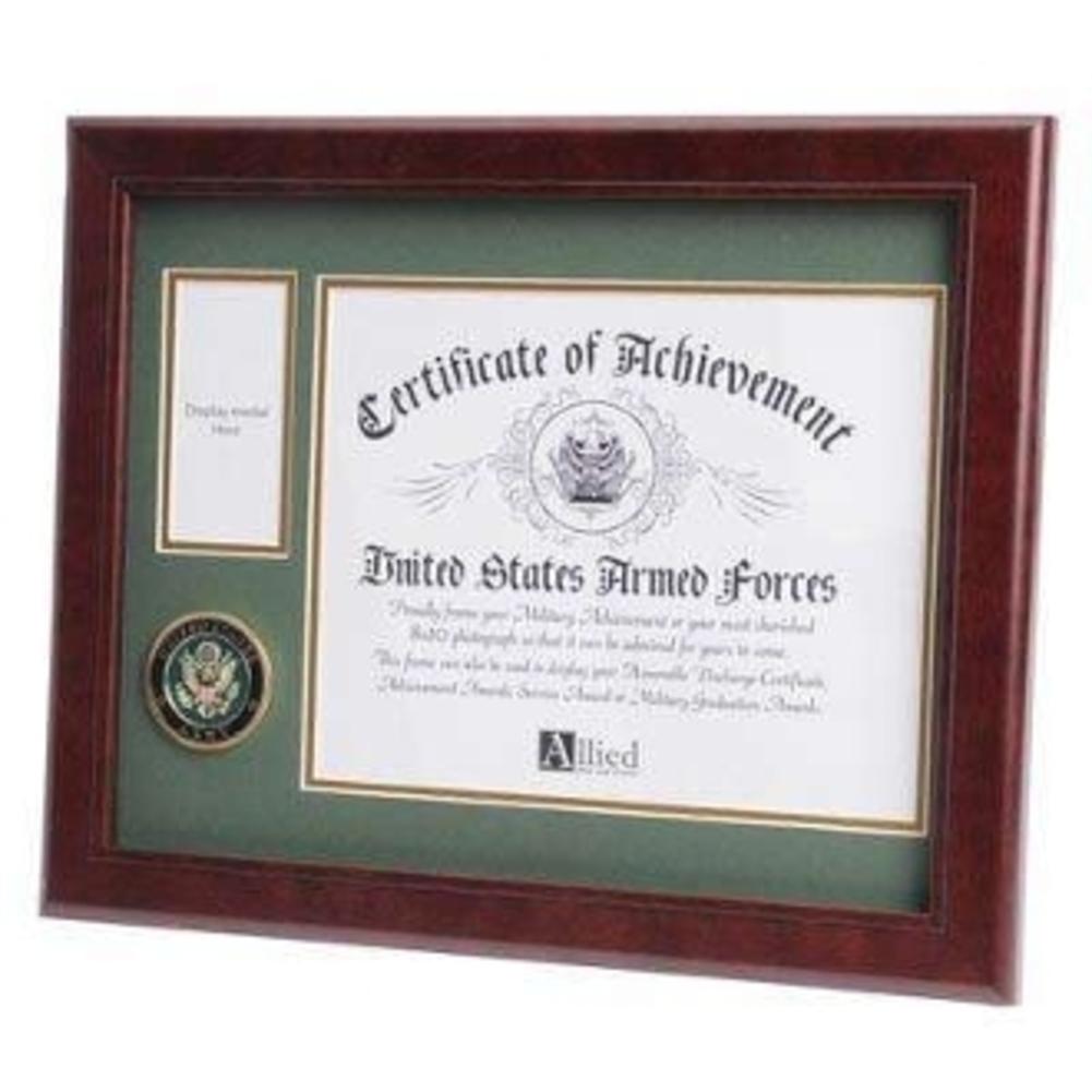 Army 10” x 8” Medallion frame featuring a gold plated Army medal and a 4” x 6” photo opening, crafted from solid mahogany wood.